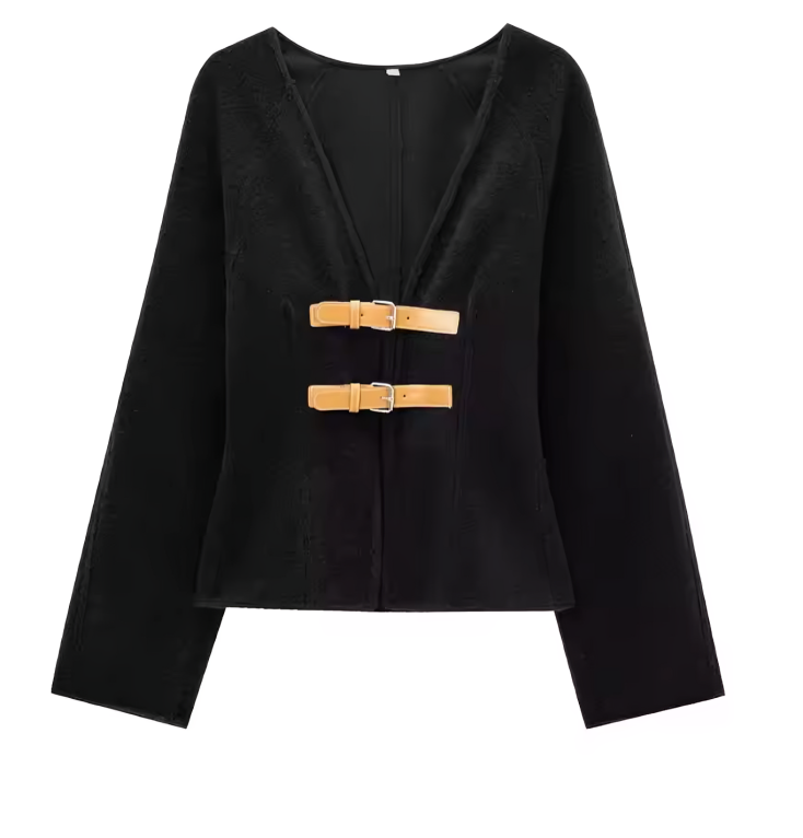 Wool jacket with leather buckle