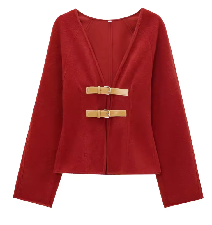 Wool jacket with leather buckle
